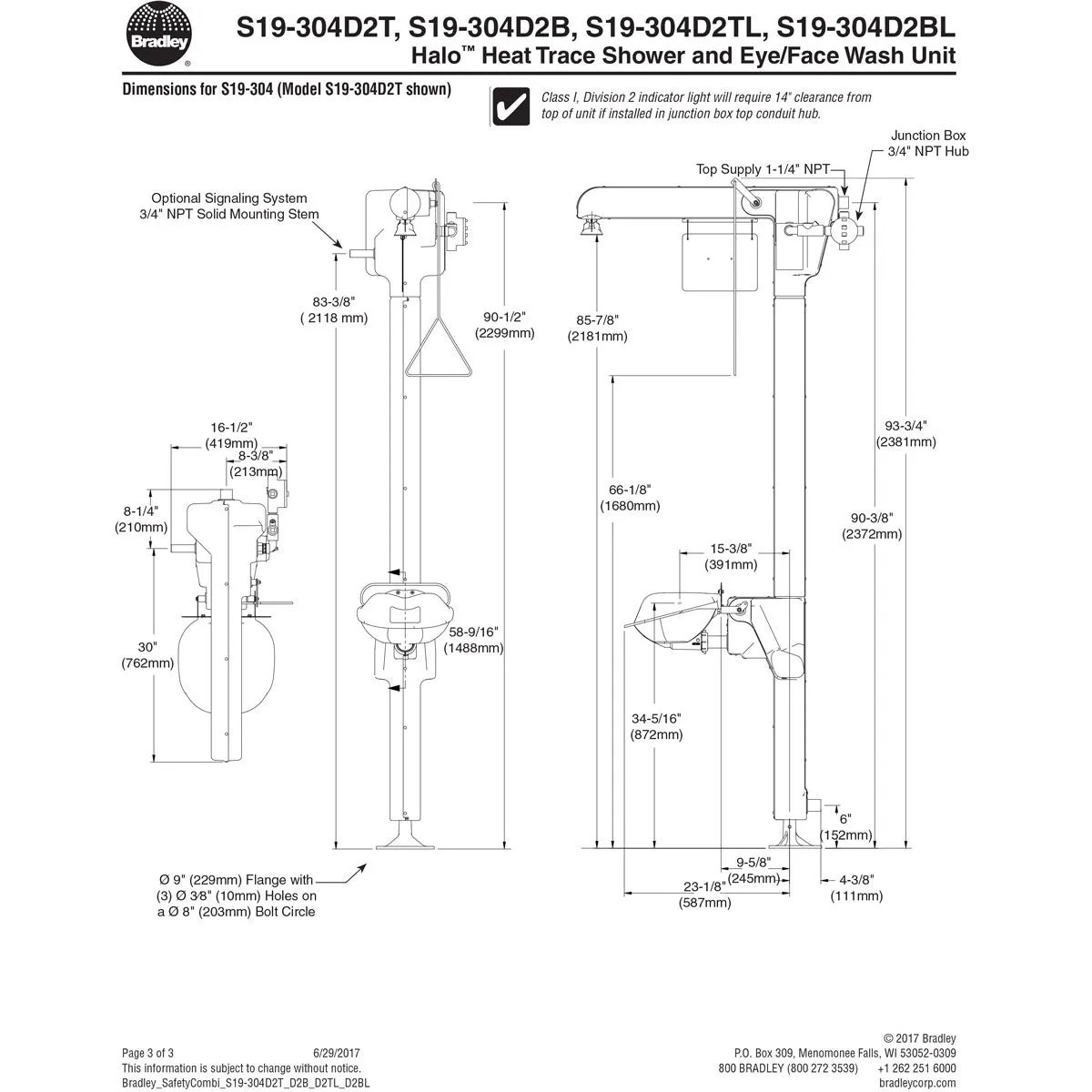 Bradley S19-304D2TL Class I, Division 2 Halo Heat Trace Combination Unit, Top Supply with Indicator Lights