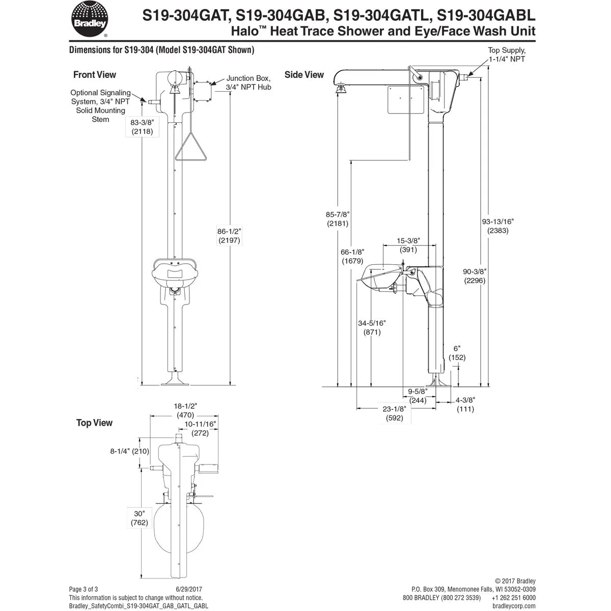 Bradley S19-304GAT General Area Halo Heat Trace Combination Unit, Top Supply