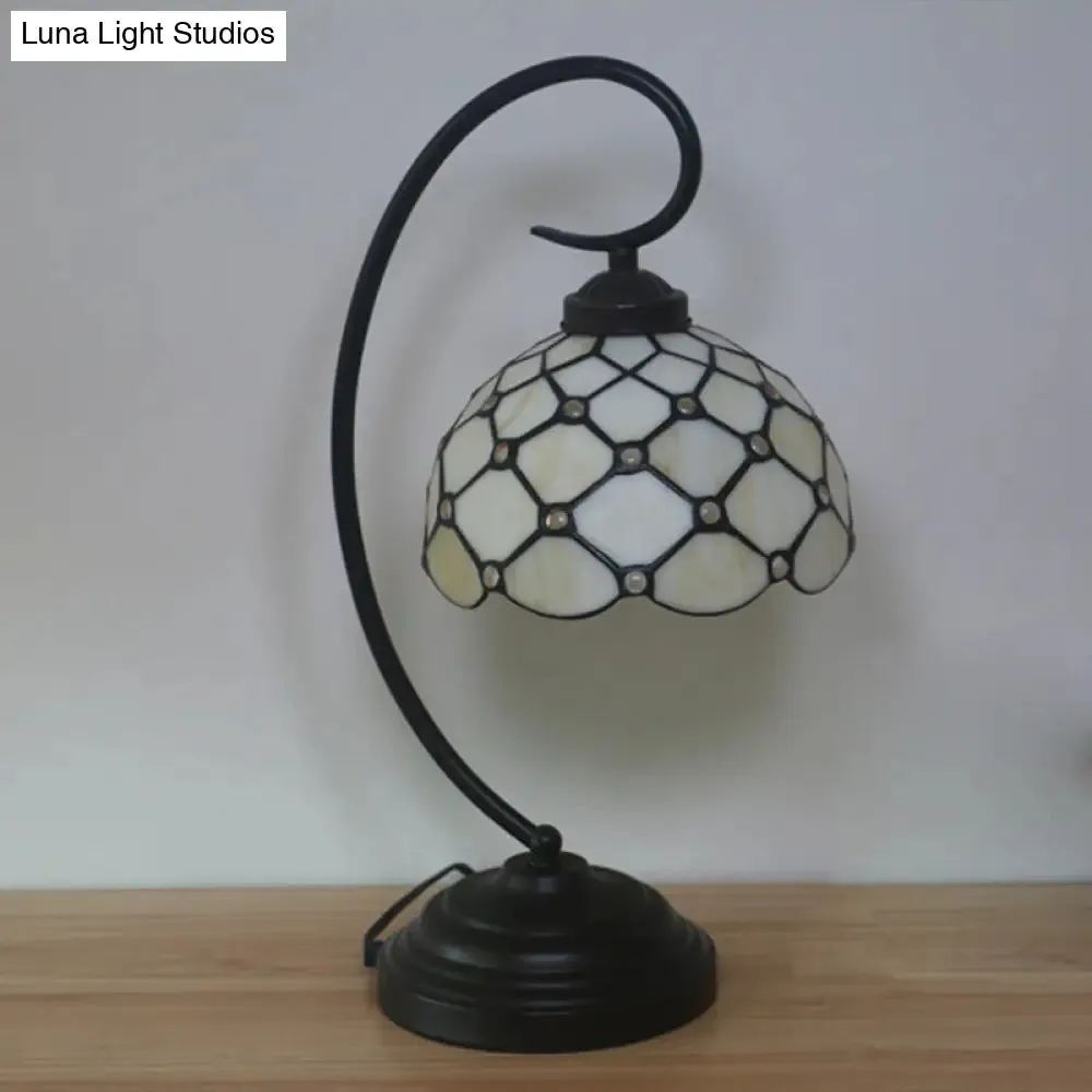 Bronze Tiffany Night Table Lamp with Beaded Patterned Shade - Swirl Arm, Beige/White Glass