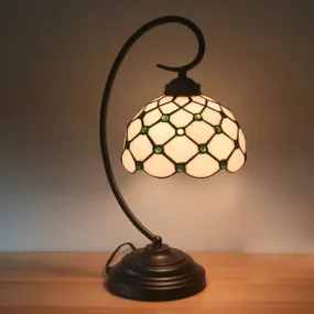 Bronze Tiffany Night Table Lamp with Beaded Patterned Shade - Swirl Arm, Beige/White Glass