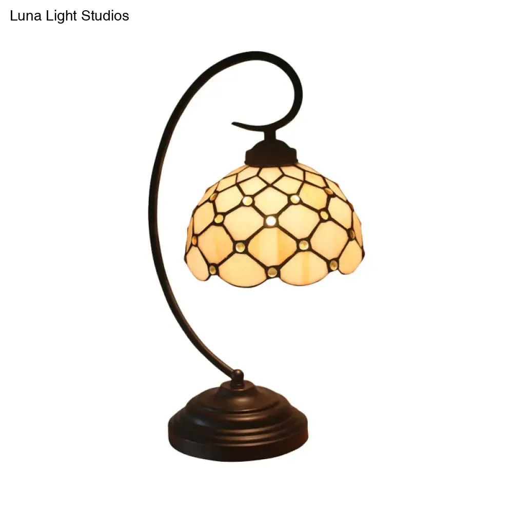 Bronze Tiffany Night Table Lamp with Beaded Patterned Shade - Swirl Arm, Beige/White Glass