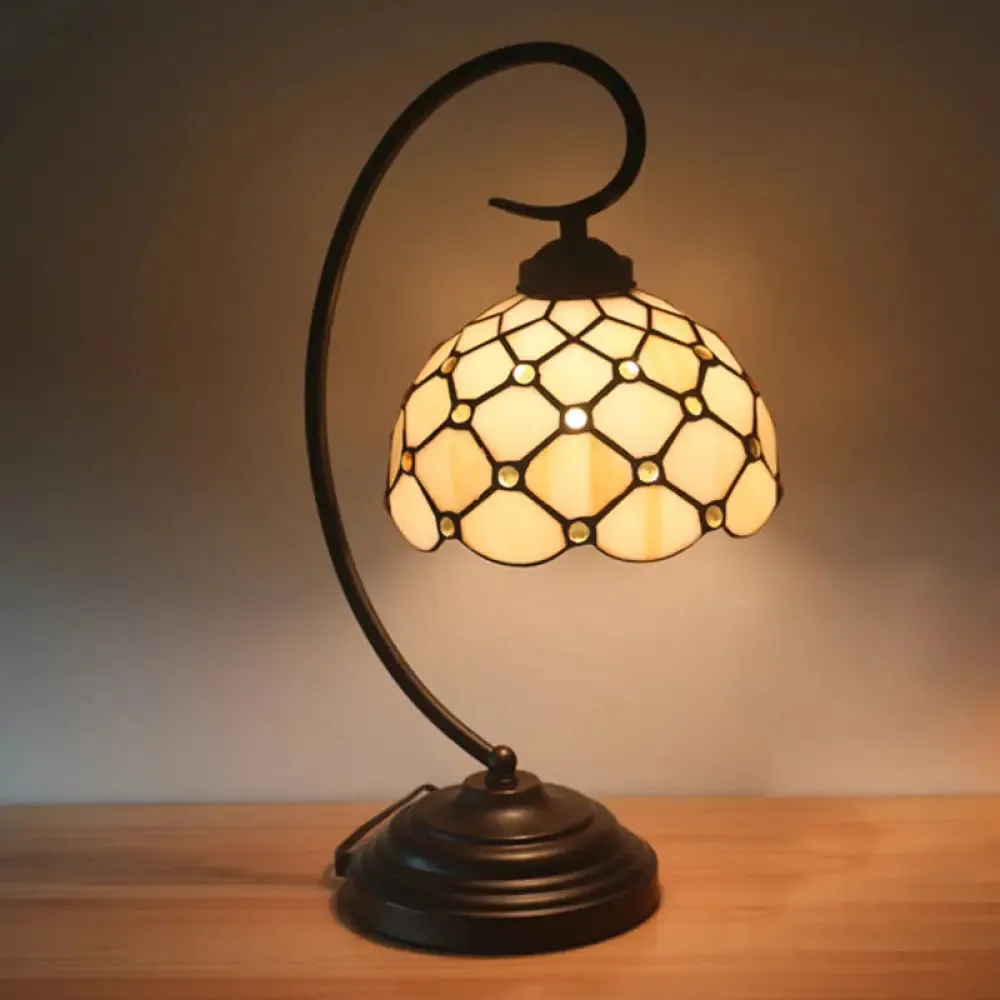 Bronze Tiffany Night Table Lamp with Beaded Patterned Shade - Swirl Arm, Beige/White Glass