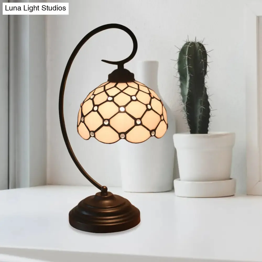 Bronze Tiffany Night Table Lamp with Beaded Patterned Shade - Swirl Arm, Beige/White Glass