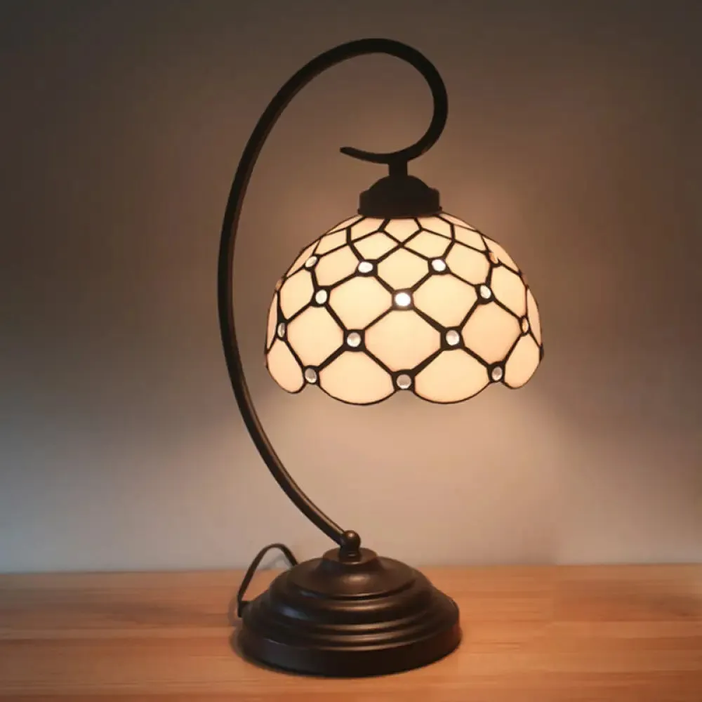 Bronze Tiffany Night Table Lamp with Beaded Patterned Shade - Swirl Arm, Beige/White Glass