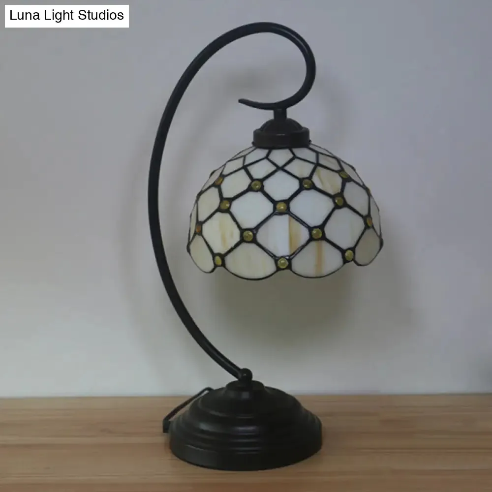 Bronze Tiffany Night Table Lamp with Beaded Patterned Shade - Swirl Arm, Beige/White Glass