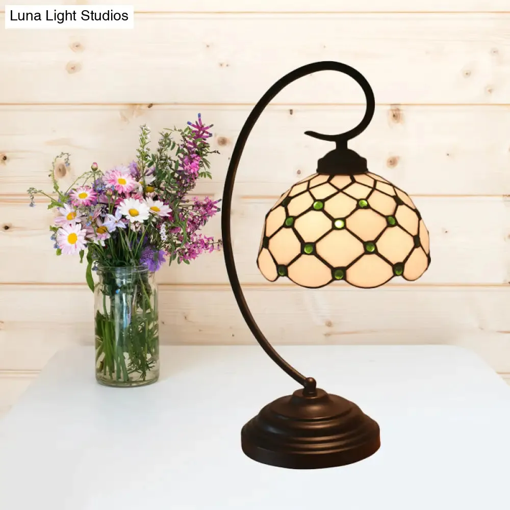 Bronze Tiffany Night Table Lamp with Beaded Patterned Shade - Swirl Arm, Beige/White Glass