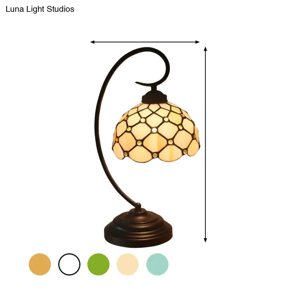 Bronze Tiffany Night Table Lamp with Beaded Patterned Shade - Swirl Arm, Beige/White Glass