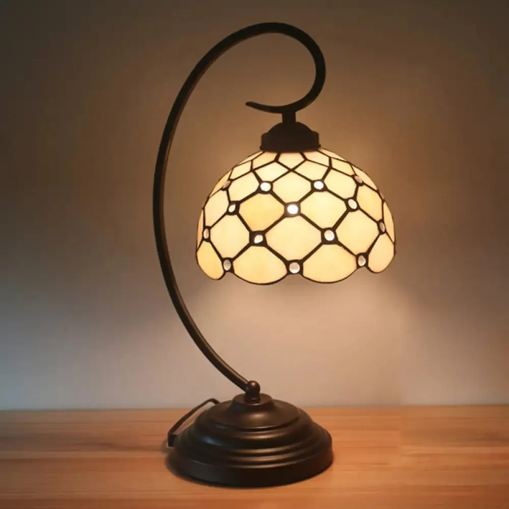 Bronze Tiffany Night Table Lamp with Beaded Patterned Shade - Swirl Arm, Beige/White Glass