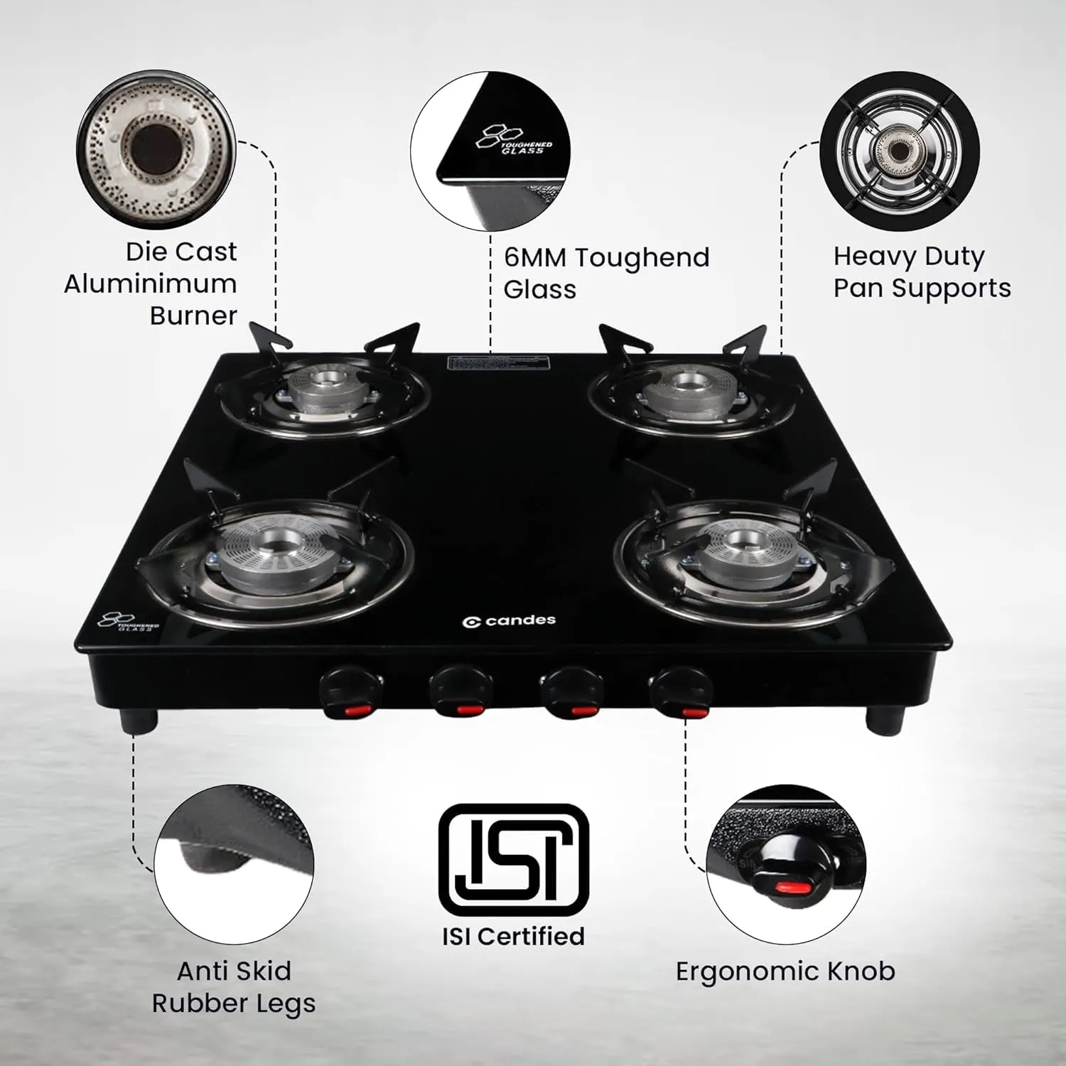 Candes Toughened Glass 4 Burner Manual Gas Stove |Die Cast Alloy Tornado Burner | LPG Compatible |ISI Certified | 300 Days Warranty | Tempered Glass, (Pack of 2)