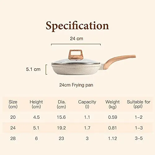 CAROTE 20cm/1.1L Non Stick Pan with Lid, Induction Pan for Cooking, Granite Fry Pan Non Stick Cooking Pan, Omlette Pan Egg Pan, PFOA Fre