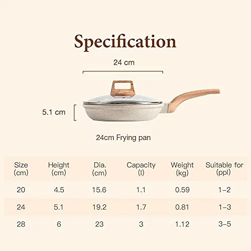 CAROTE 24cm/1.6L Non Stick Pan with Lid, Induction Pan for Cooking, Granite Fry Pan Non Stick Cooking Pan, Omlette Pan Egg Pan