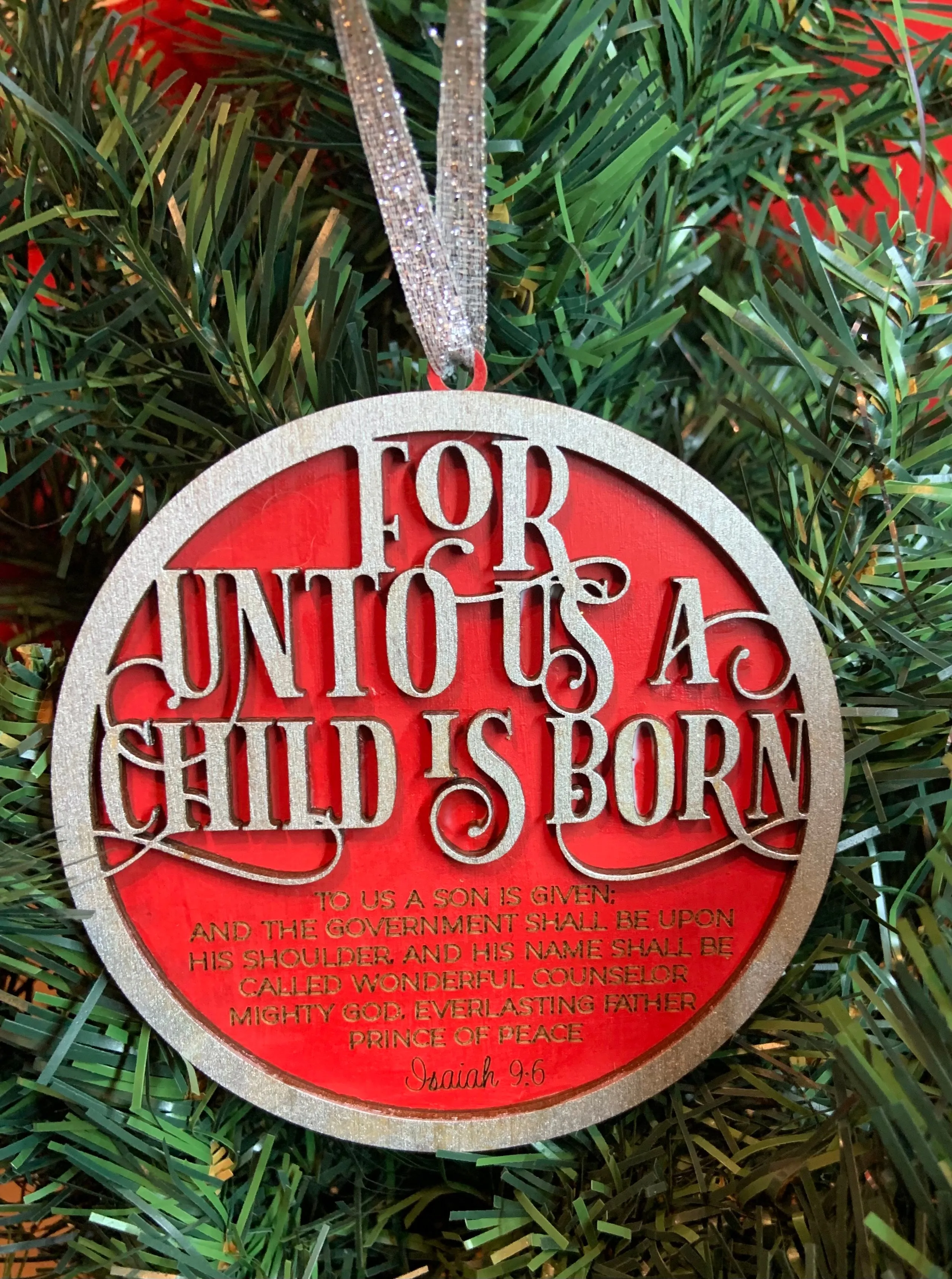 Christmas Ornament: For Unto Us a Child is Born SVG File Glowforge Ready Laser