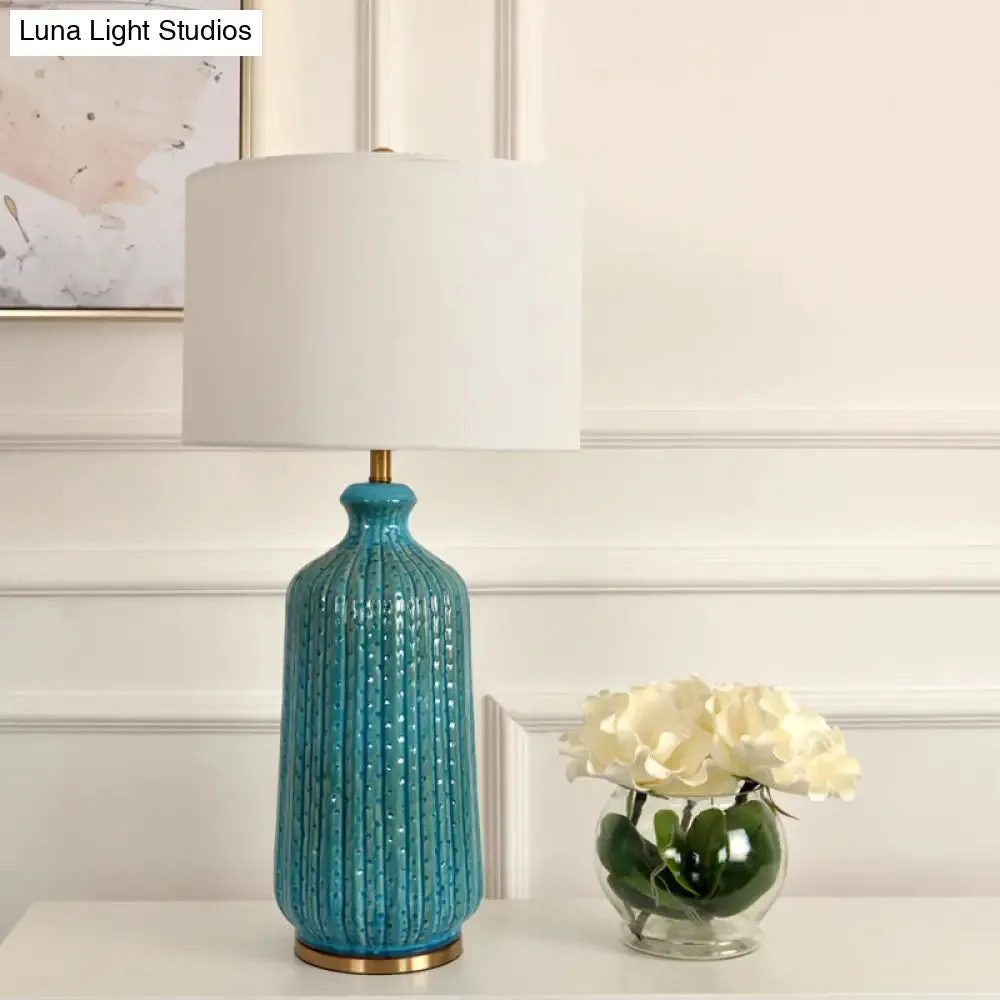 Classic Drum Night Table Light with 1-Light Fabric Shade in White, Blue Pot Vase Base