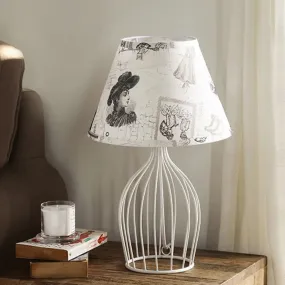 Classic White Tapered Nightstand Lamp - Traditional Fabric Shade, Single Head, Wire Cage Base - for Living Room Desk