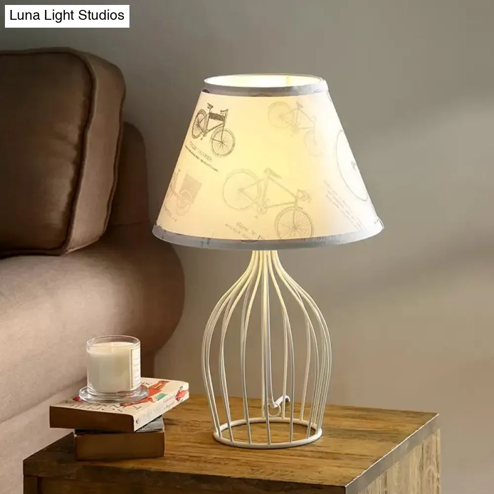 Classic White Tapered Nightstand Lamp - Traditional Fabric Shade, Single Head, Wire Cage Base - for Living Room Desk