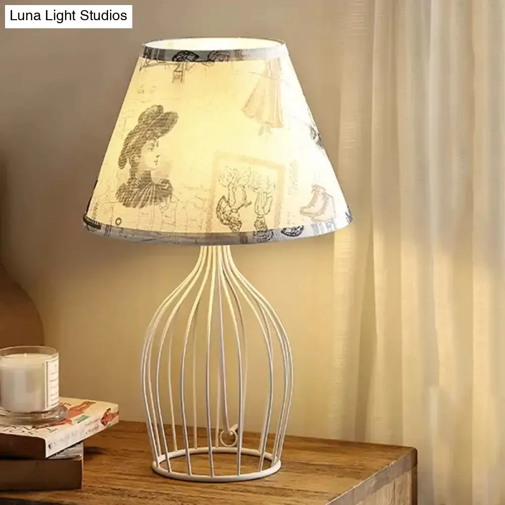 Classic White Tapered Nightstand Lamp - Traditional Fabric Shade, Single Head, Wire Cage Base - for Living Room Desk