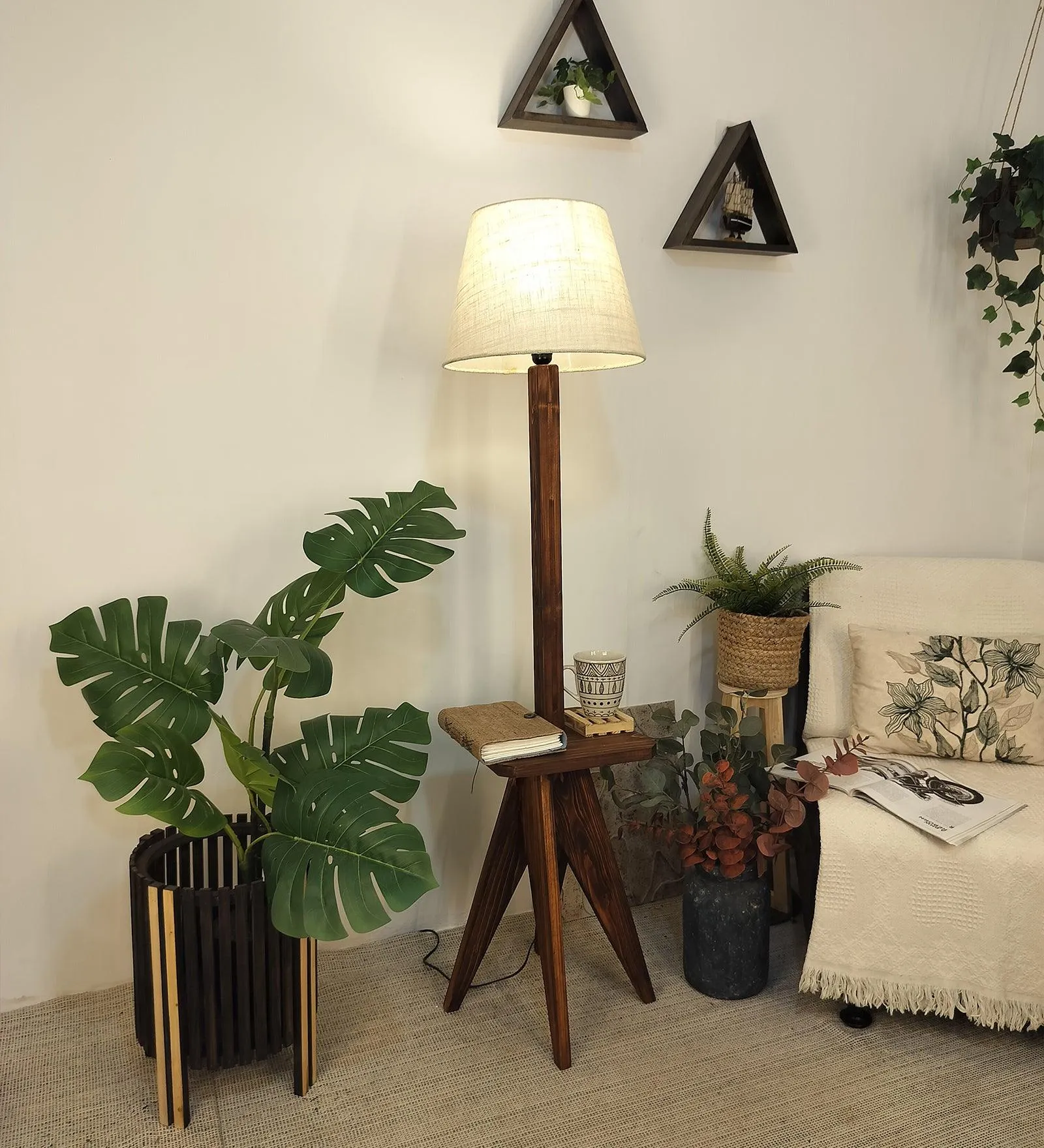 Claude Wooden Floor Lamp with Brown Base and Jute Fabric Lampshade