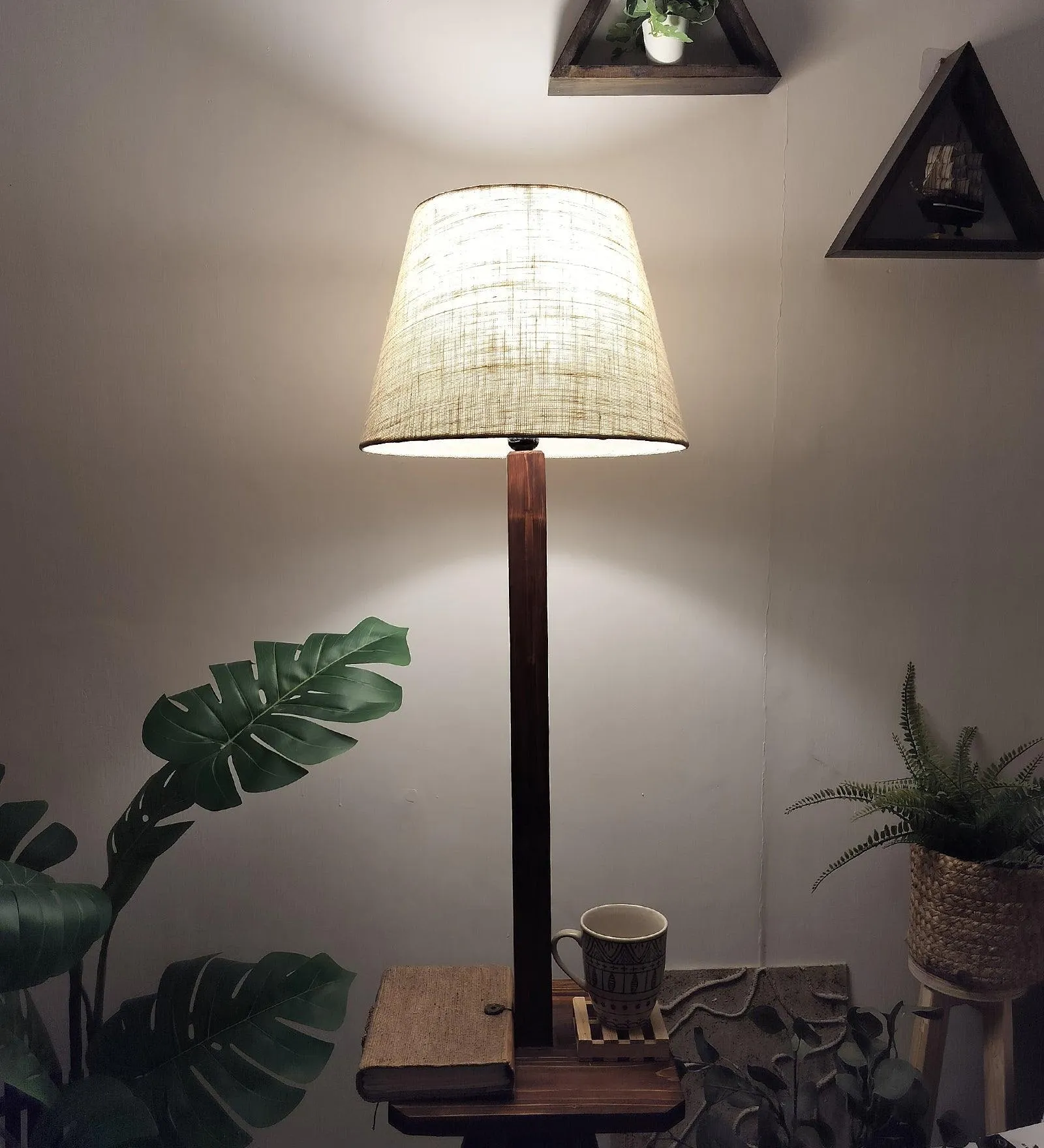 Claude Wooden Floor Lamp with Brown Base and Jute Fabric Lampshade