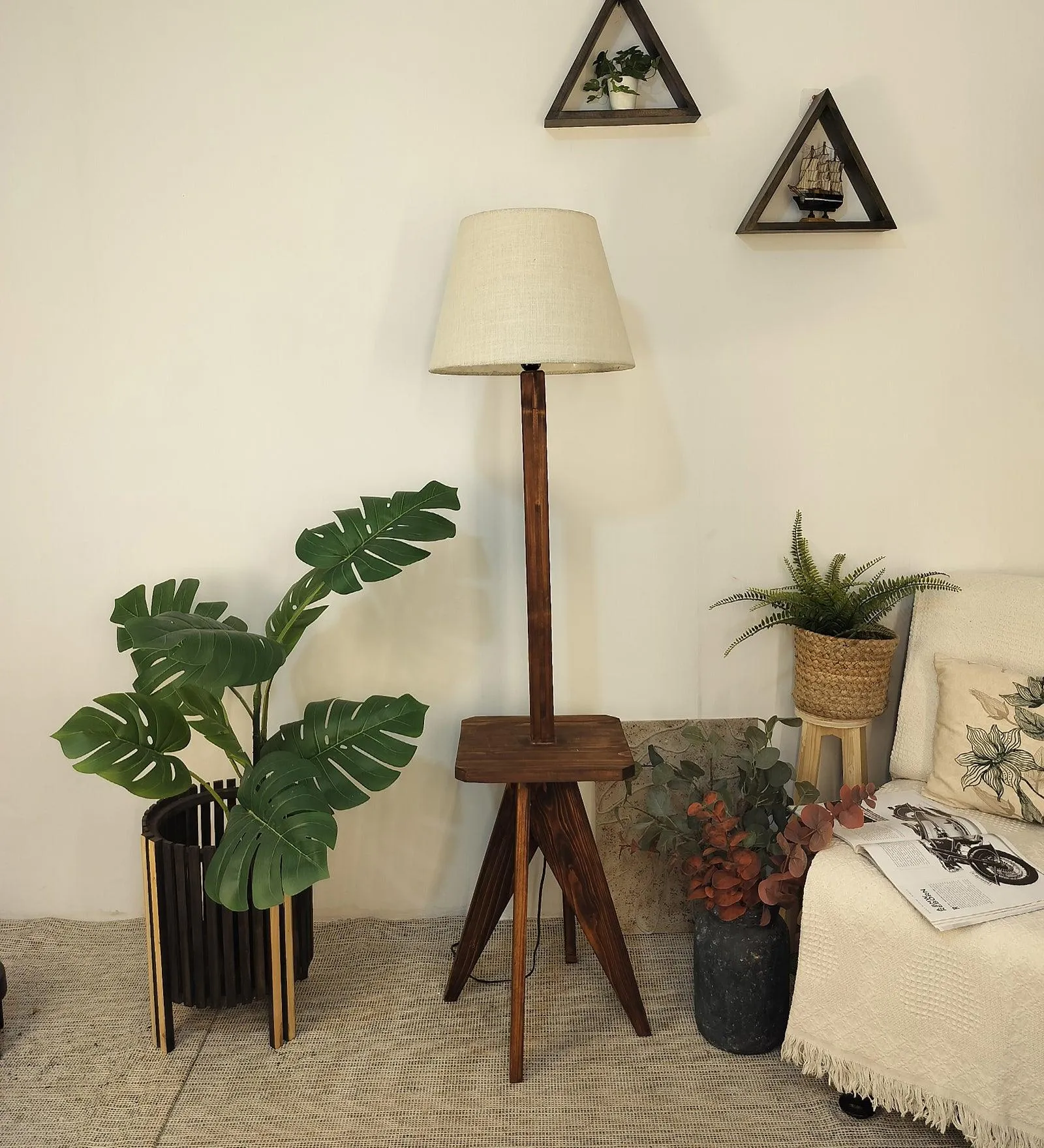 Claude Wooden Floor Lamp with Brown Base and Jute Fabric Lampshade