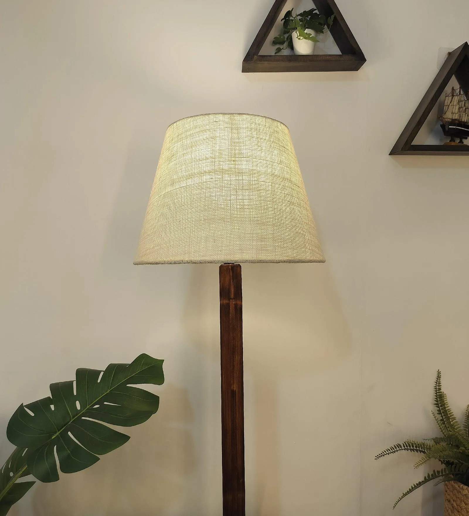 Claude Wooden Floor Lamp with Brown Base and Jute Fabric Lampshade