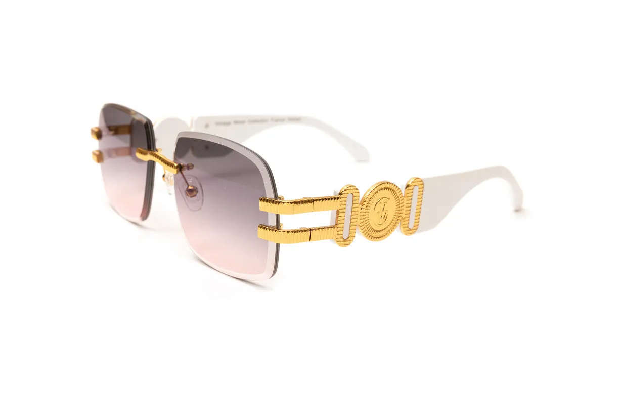 COLLECTOR 24KT Gold & White Wood Drill Mount Sunglasses, Double Gradient Grey/Pink Lenses