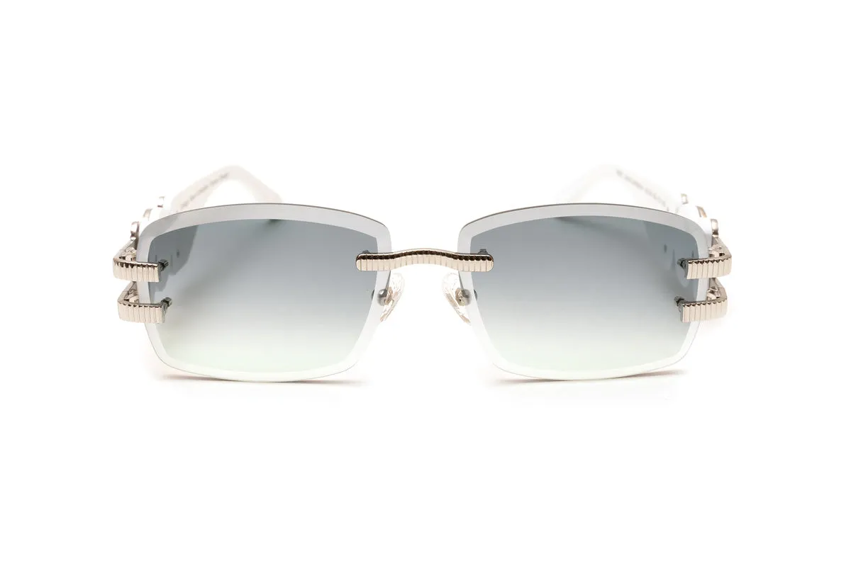 COLLECTOR Silver & White Wood Drill Mount Sunglasses, Double Gradient Grey/Green Lenses