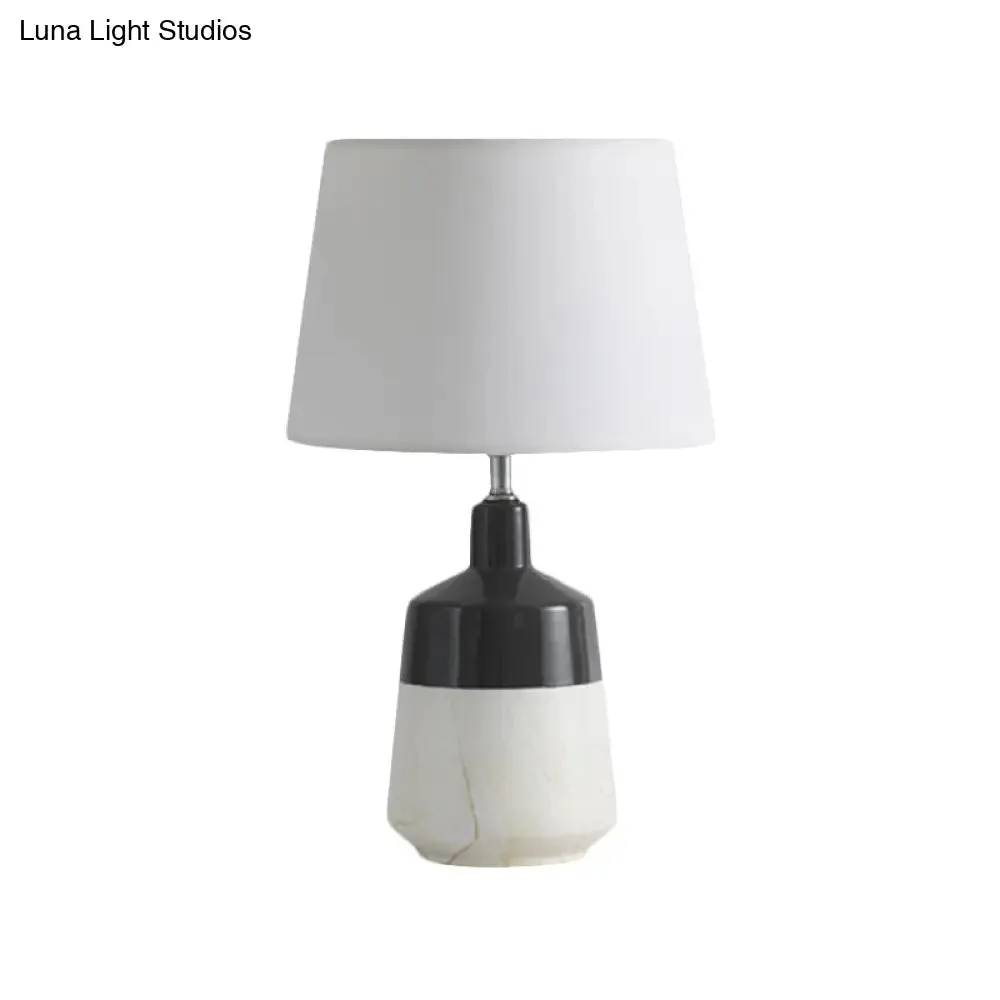 Contemporary 1-Head Bedside Night Lamp in White with Ceramic Base: Fabric Drum Table Lighting