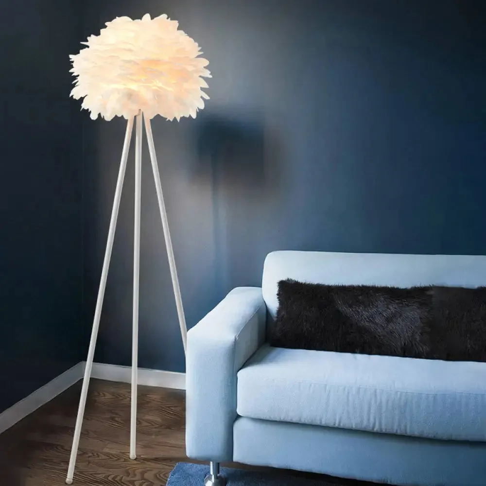 Contemporary Metal Tripod Floor Light with Feather Shade - White