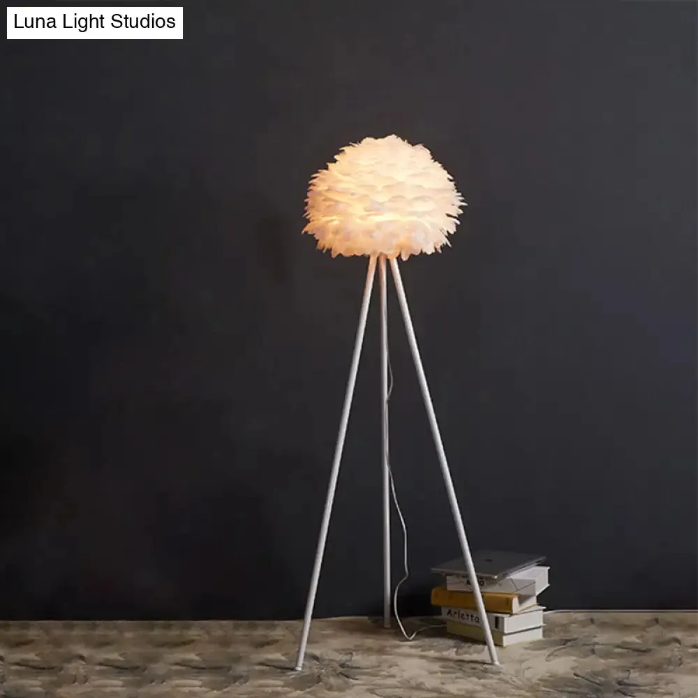 Contemporary Metal Tripod Floor Light with Feather Shade - White