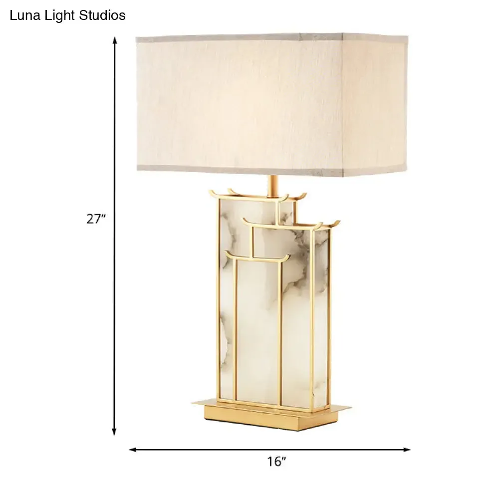 Contemporary Rectangle Fabric Table Lamp with Golden Frame and Marble Panel Deco – White Task Light, 1 Bulb