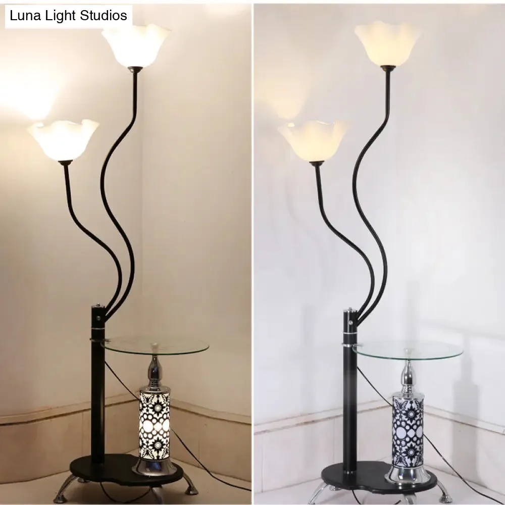 Country Black Frosted Glass Standing Floor Lamp with Tray - 3 Bulbs Open-Top Flower Floor Light