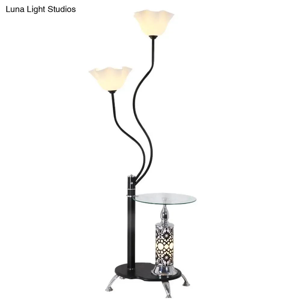 Country Black Frosted Glass Standing Floor Lamp with Tray - 3 Bulbs Open-Top Flower Floor Light