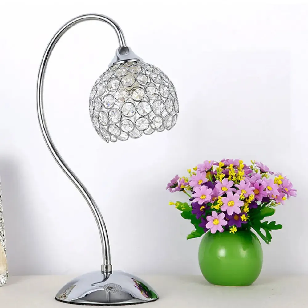 Crystal-Encrusted Dome Table Lamp: Modernist Chrome Desk Light with Gooseneck Arm