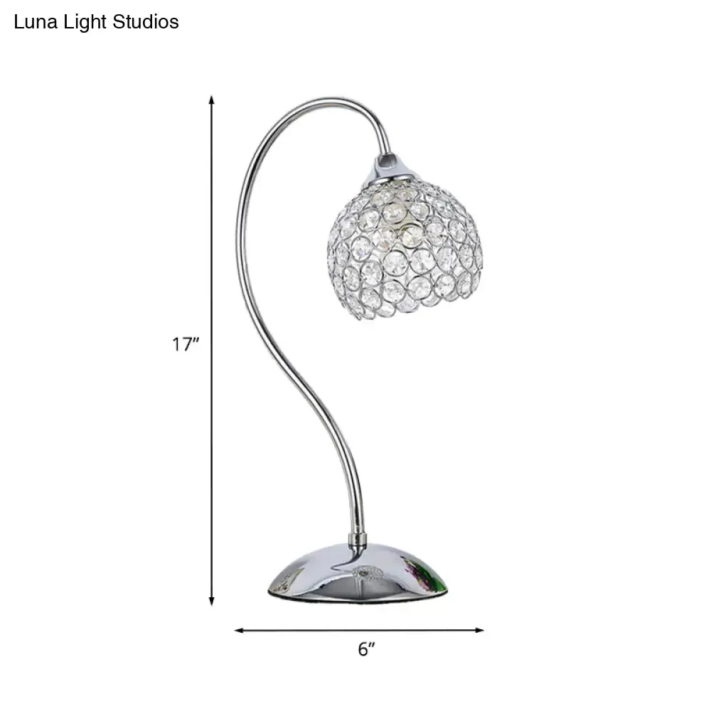 Crystal-Encrusted Dome Table Lamp: Modernist Chrome Desk Light with Gooseneck Arm