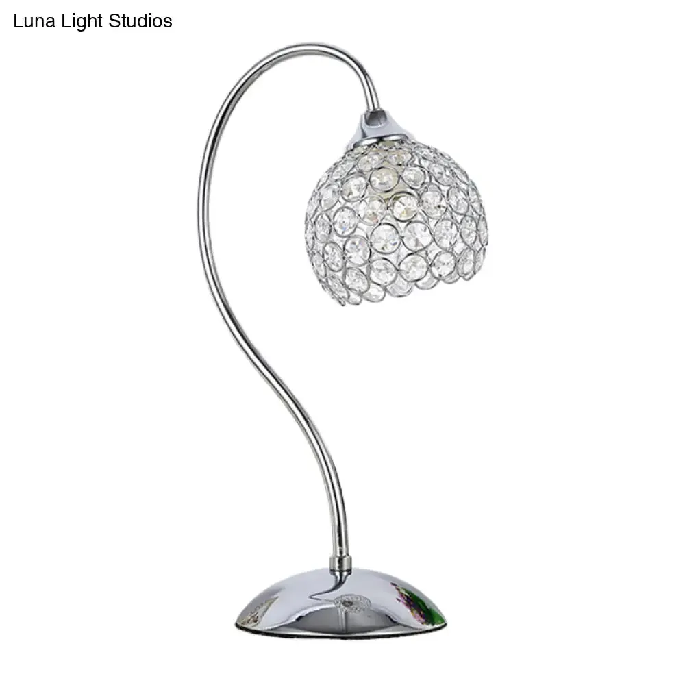 Crystal-Encrusted Dome Table Lamp: Modernist Chrome Desk Light with Gooseneck Arm