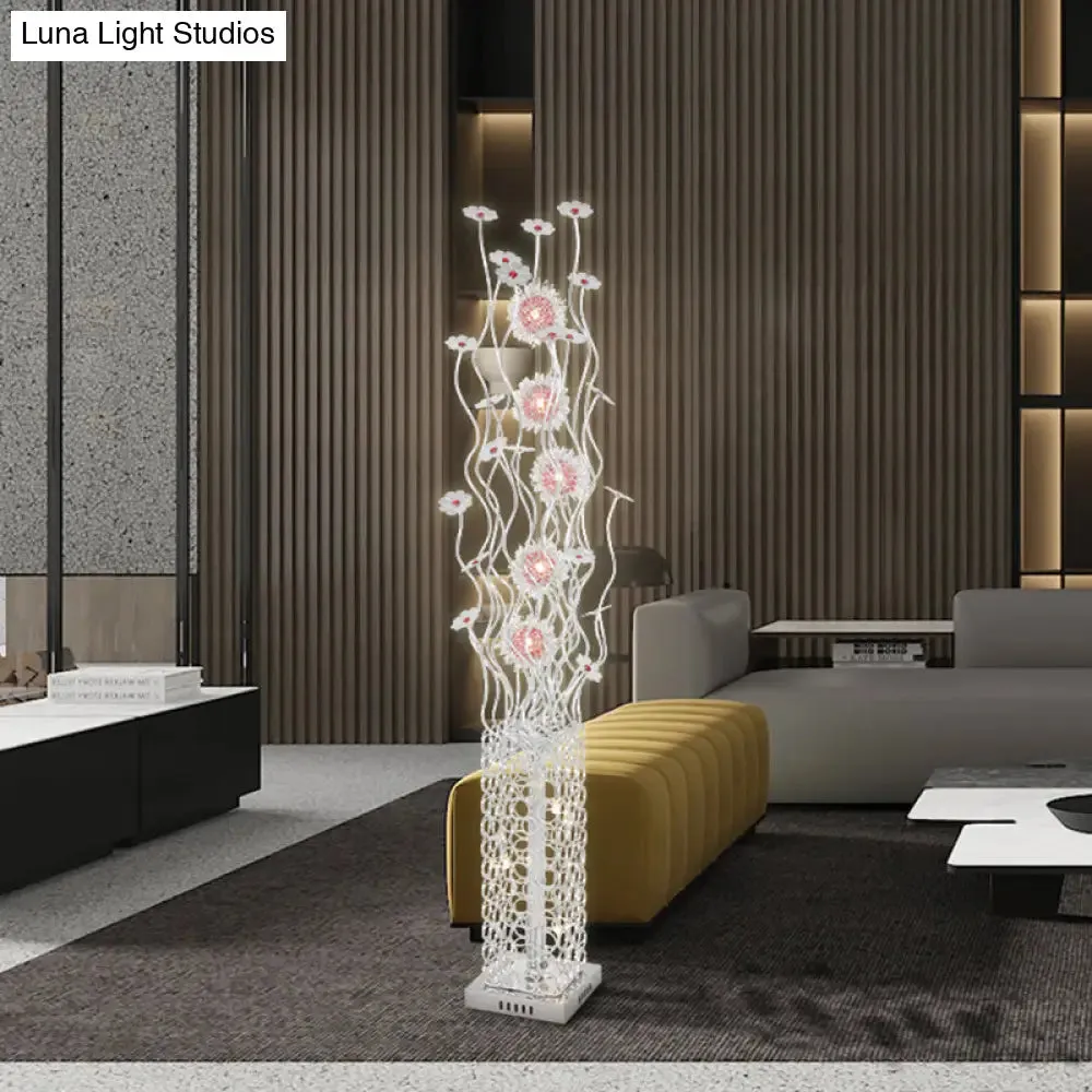 Cuboid Metallic LED Floor Lamp with Floret Design - Silver, Warm/White Light - for Stylish Living Room Decor