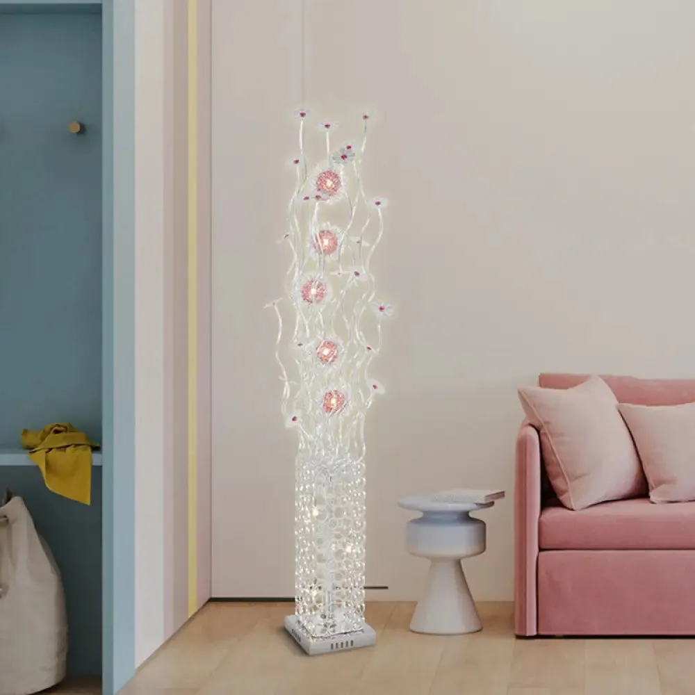 Cuboid Metallic LED Floor Lamp with Floret Design - Silver, Warm/White Light - for Stylish Living Room Decor