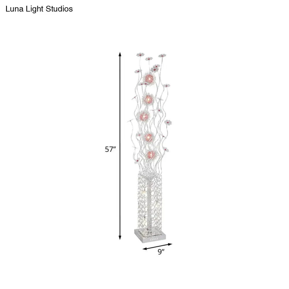 Cuboid Metallic LED Floor Lamp with Floret Design - Silver, Warm/White Light - for Stylish Living Room Decor