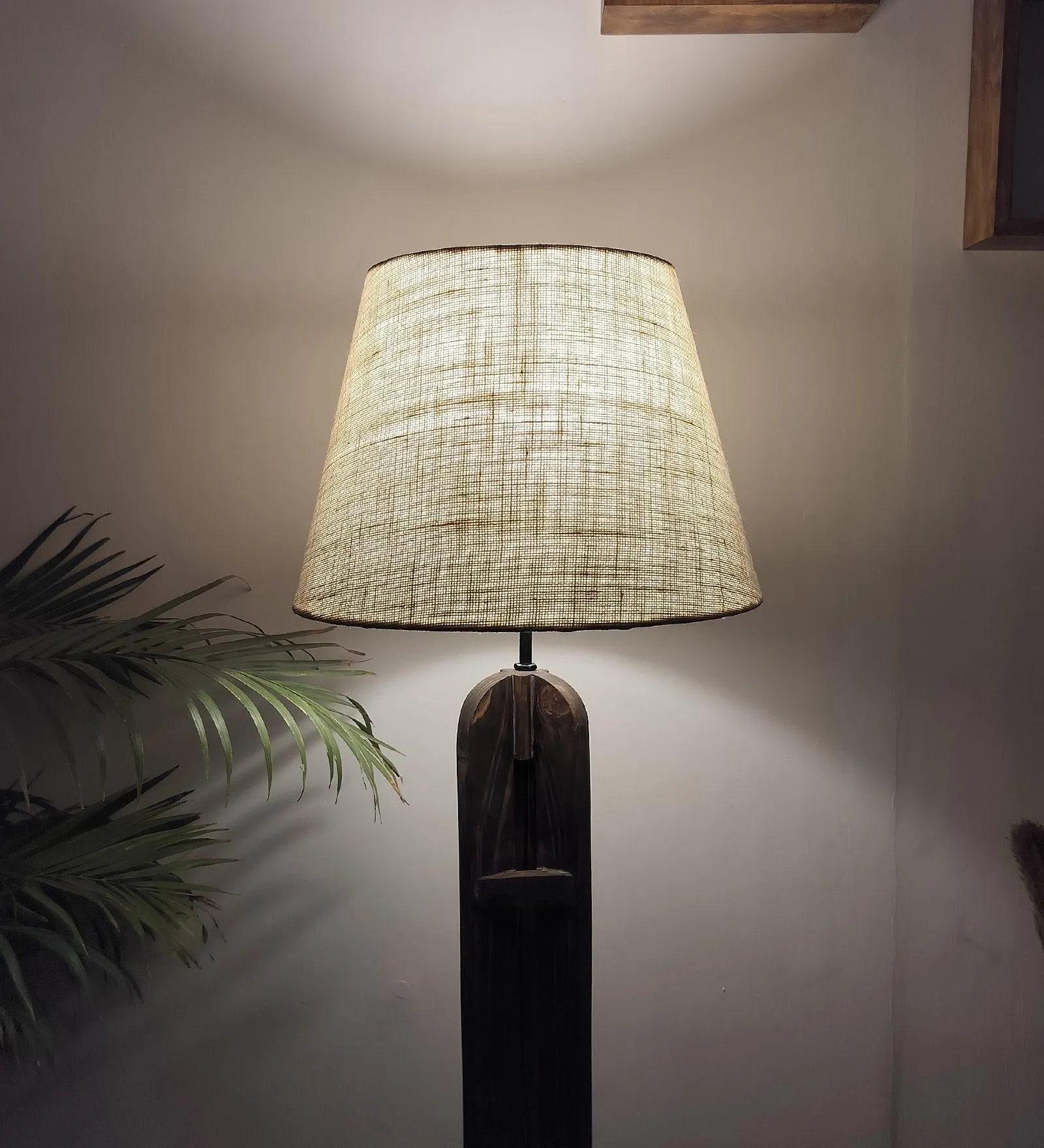 Damien Wooden Floor Lamp with Brown Base and Jute Fabric Lampshade