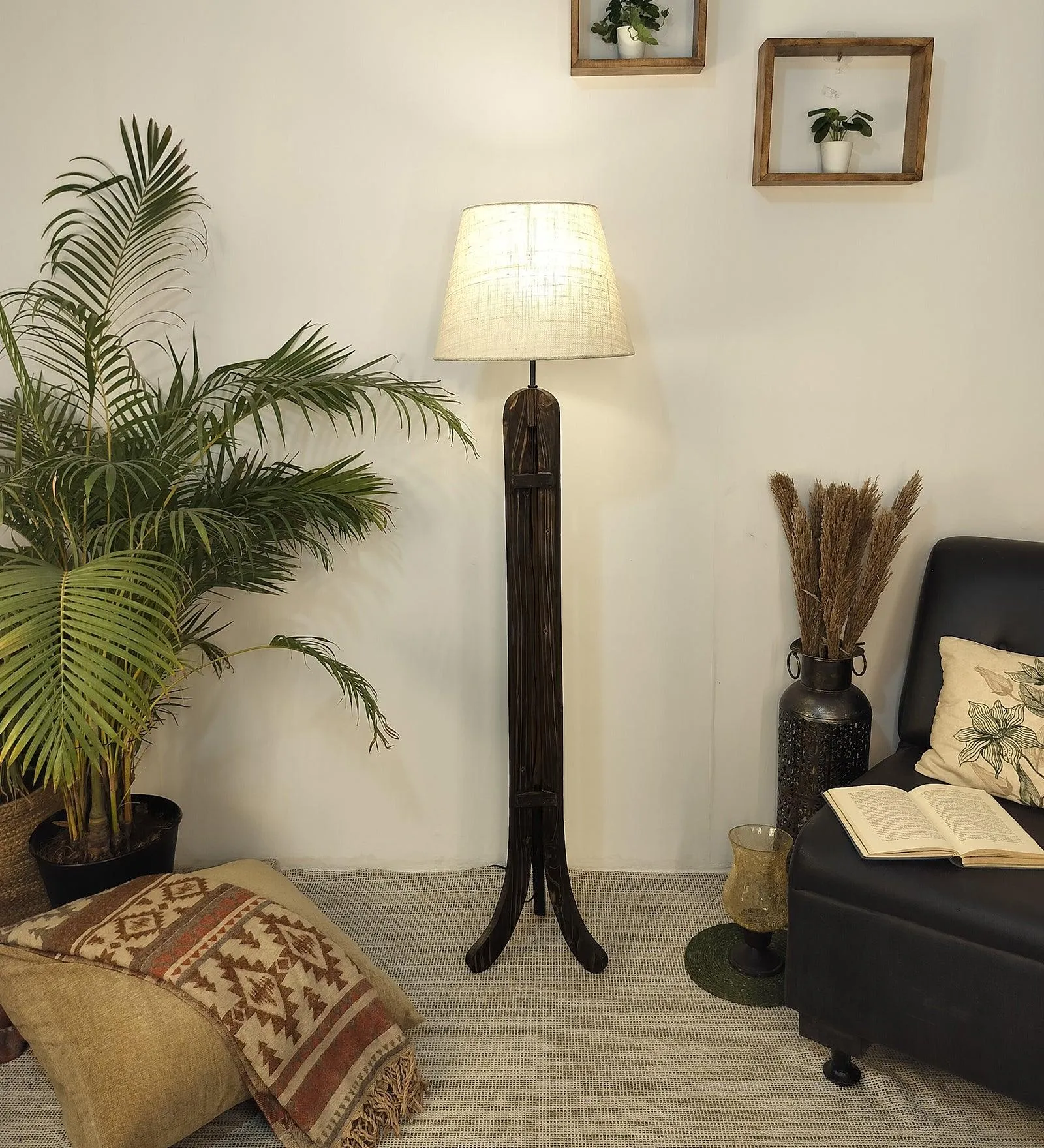 Damien Wooden Floor Lamp with Brown Base and Jute Fabric Lampshade