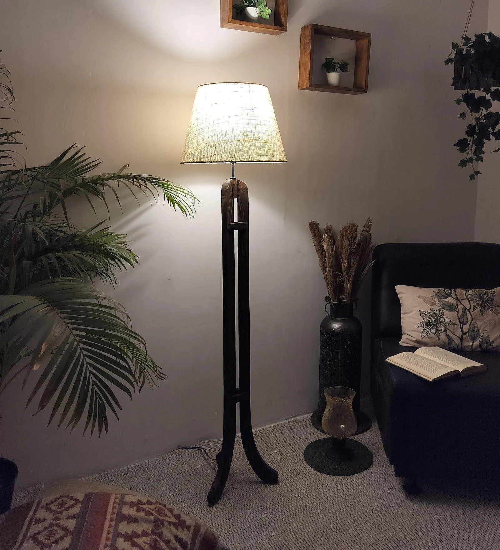 Damien Wooden Floor Lamp with Brown Base and Jute Fabric Lampshade