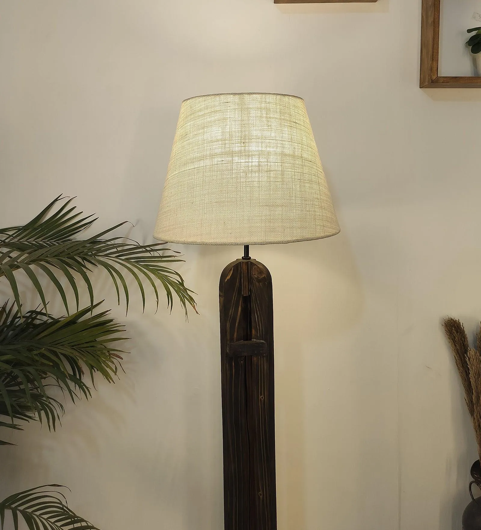 Damien Wooden Floor Lamp with Brown Base and Jute Fabric Lampshade