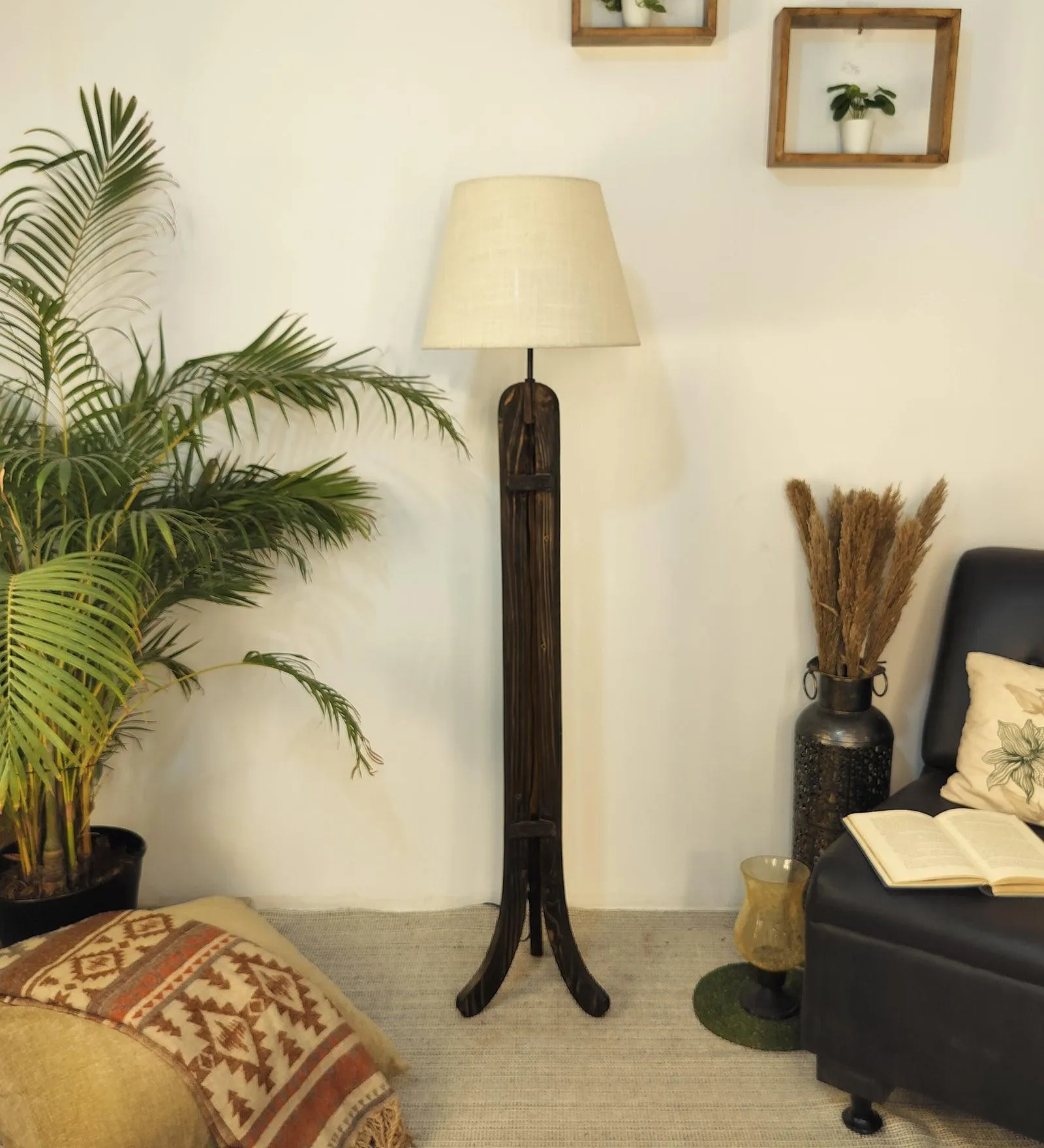 Damien Wooden Floor Lamp with Brown Base and Jute Fabric Lampshade