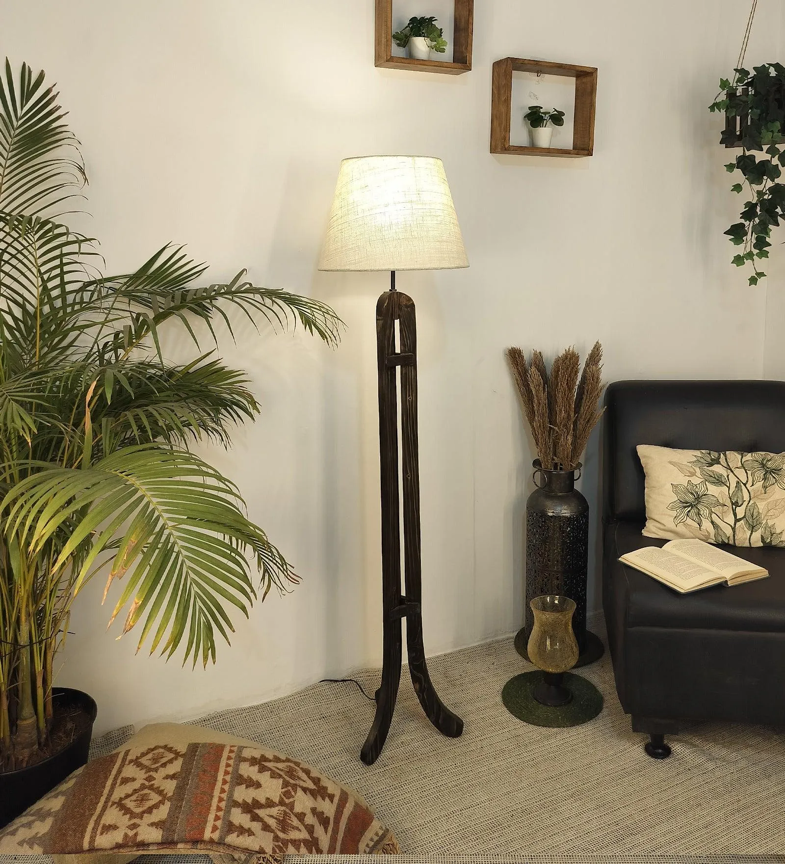 Damien Wooden Floor Lamp with Brown Base and Jute Fabric Lampshade