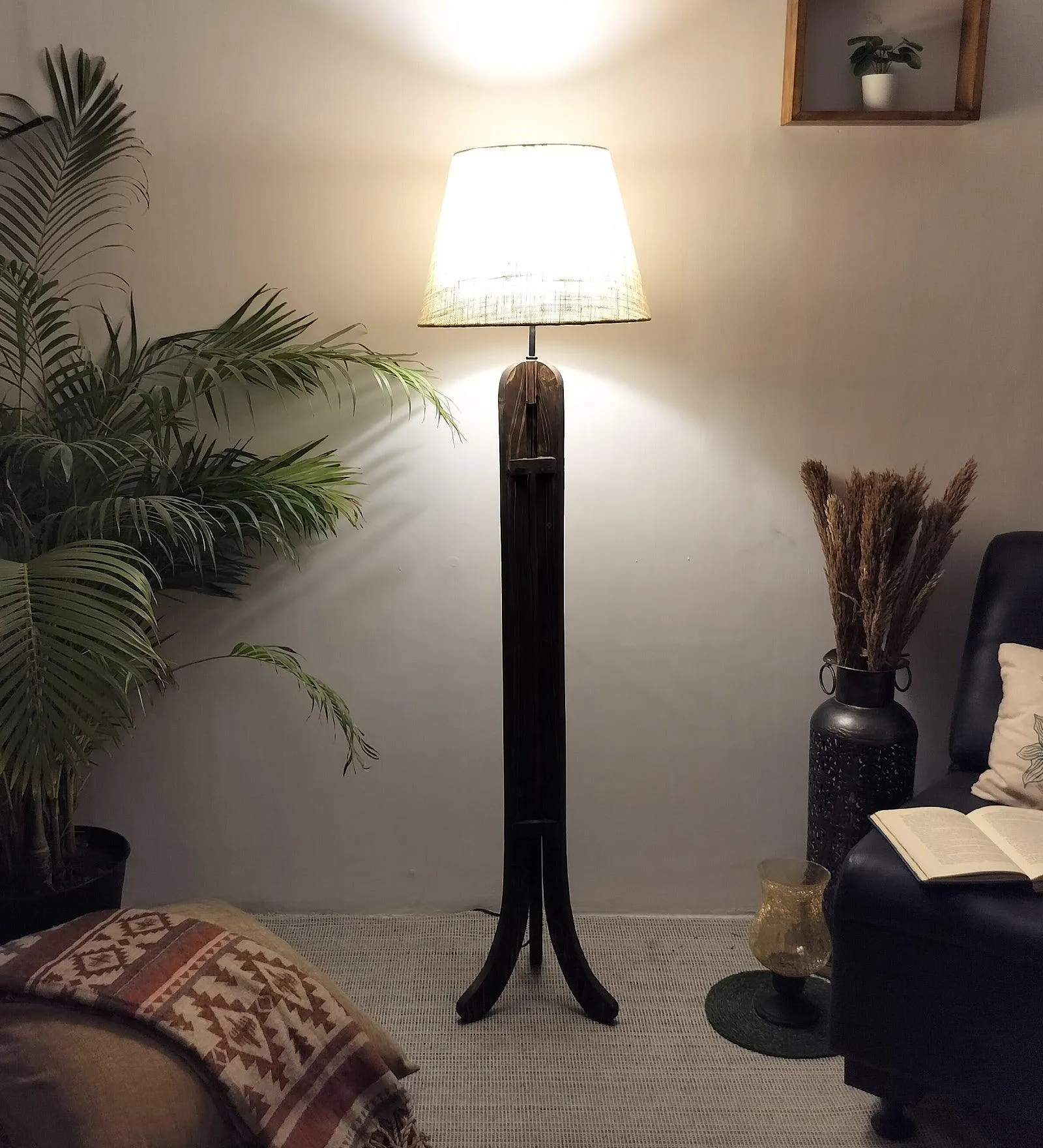 Damien Wooden Floor Lamp with Brown Base and Jute Fabric Lampshade