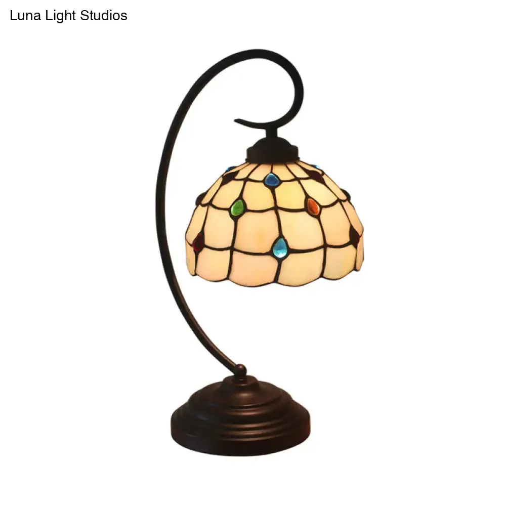 Dark Coffee Curvy Arm Metal Night Table Light with Beige Glass Shade - Baroque Style Task Lighting