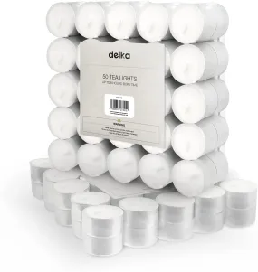 delka 8 Hour Tea Light Candles, 50 Pack, Long Burning Time, Unscented Tea Lights - White