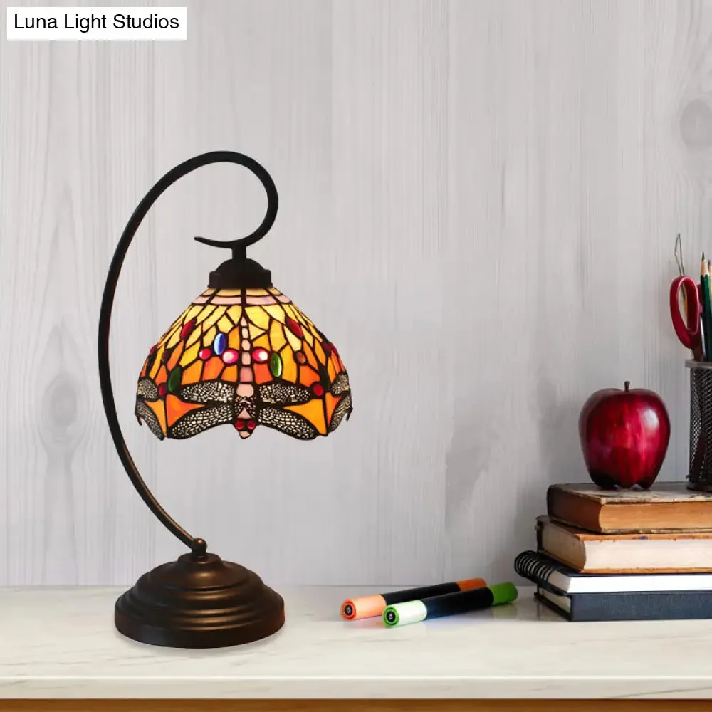 Dragonfly Cut Glass Victorian Desk Lamp - 1 Light Orange/Green Night Light with Curved Arm for Bedroom