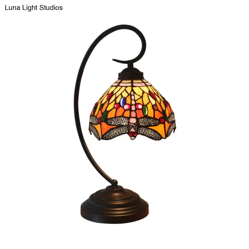 Dragonfly Cut Glass Victorian Desk Lamp - 1 Light Orange/Green Night Light with Curved Arm for Bedroom