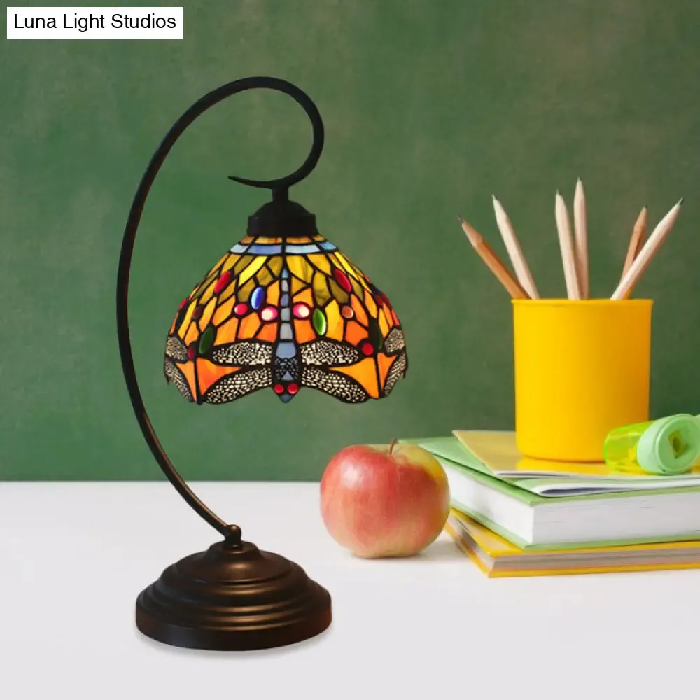 Dragonfly Cut Glass Victorian Desk Lamp - 1 Light Orange/Green Night Light with Curved Arm for Bedroom